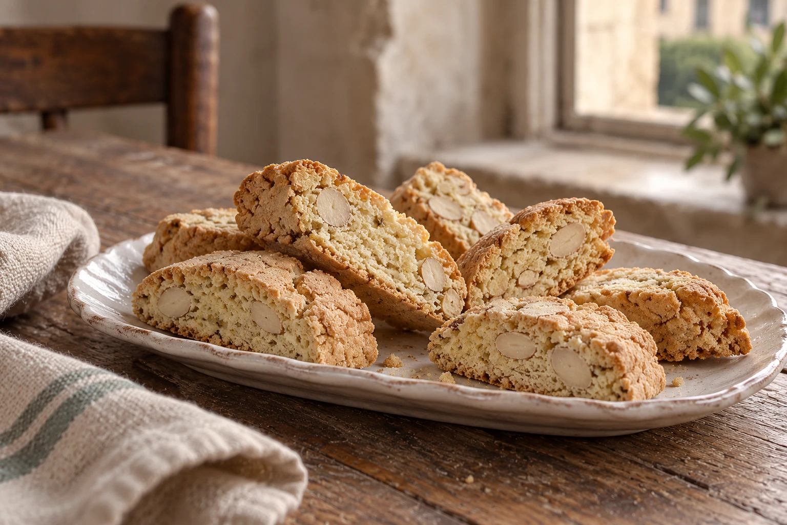 Almond tozzetti with golden crust and pale cut crumb