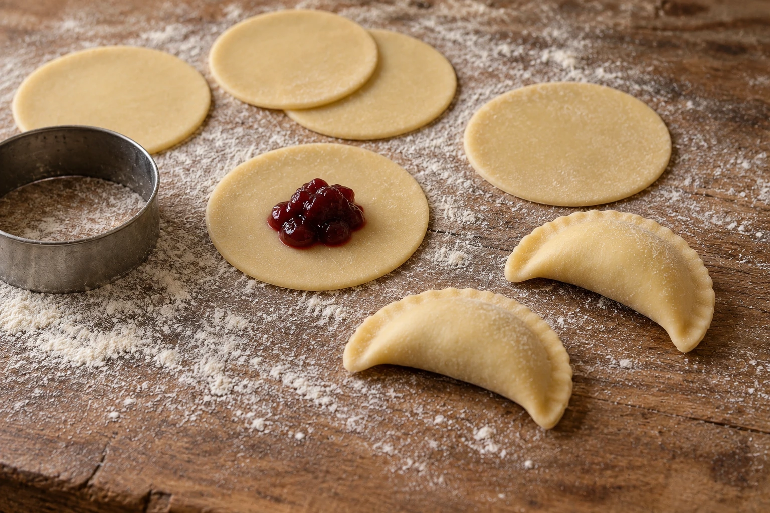 Pastry discs, sour-cherry jam and sealed raw crescents