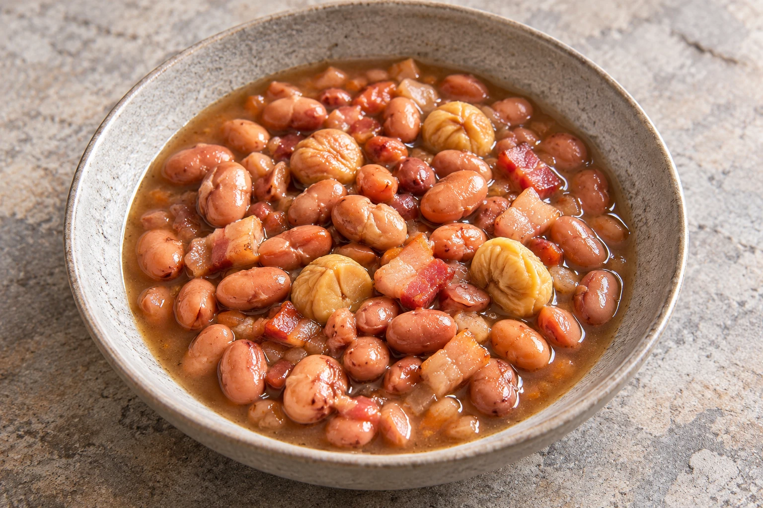 Bean and chestnut soup with pancetta in a ceramic bowl