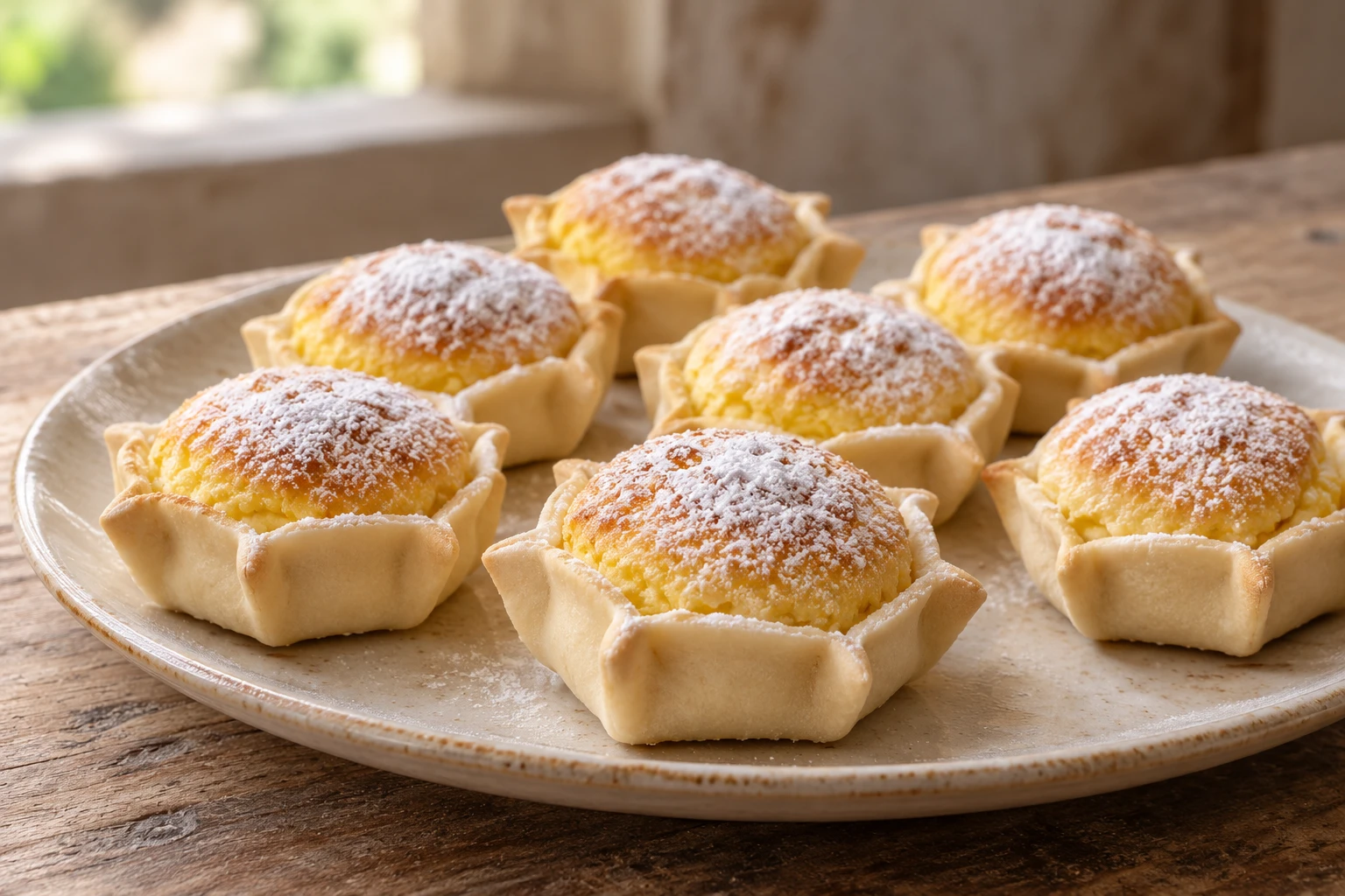 Pardulas with yellow ricotta centers and icing sugar