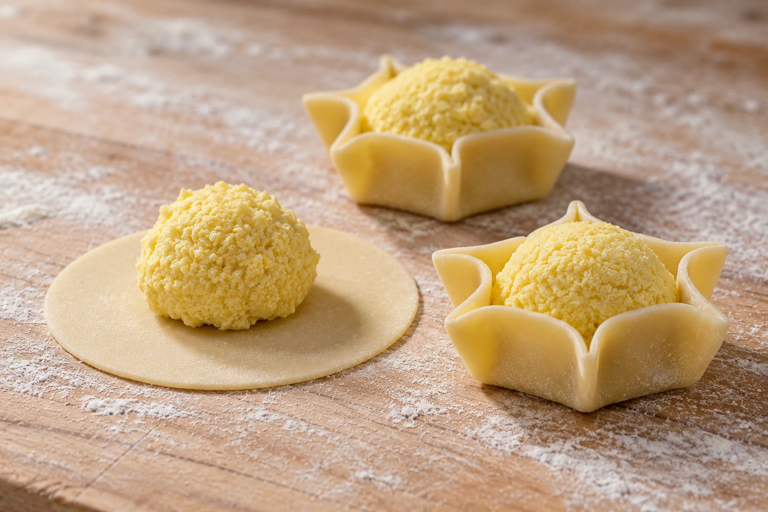 Raw pastry discs and pinched pardulas with yellow filling