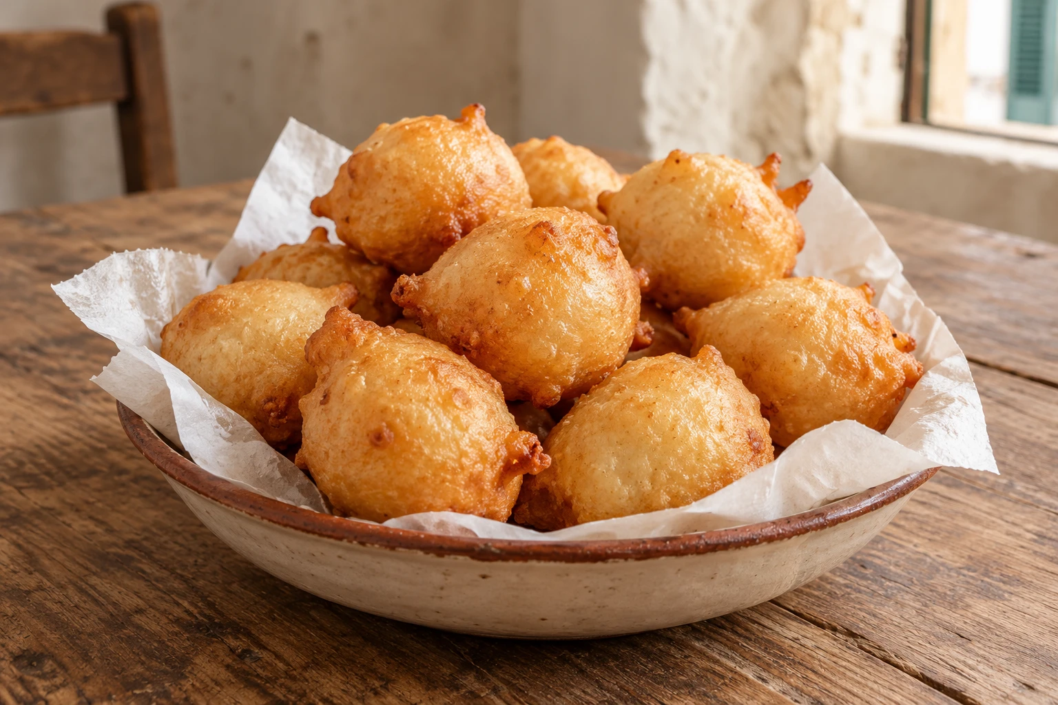 Plain golden pettole in a paper-lined bowl