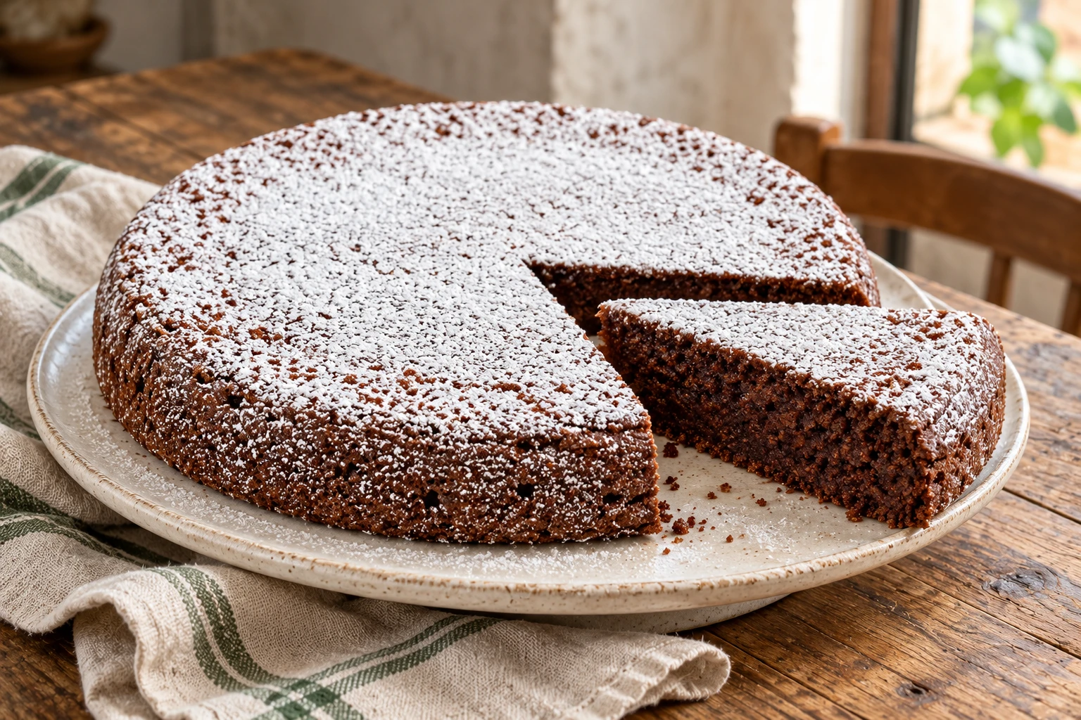Torta caprese with a cut wedge and icing sugar