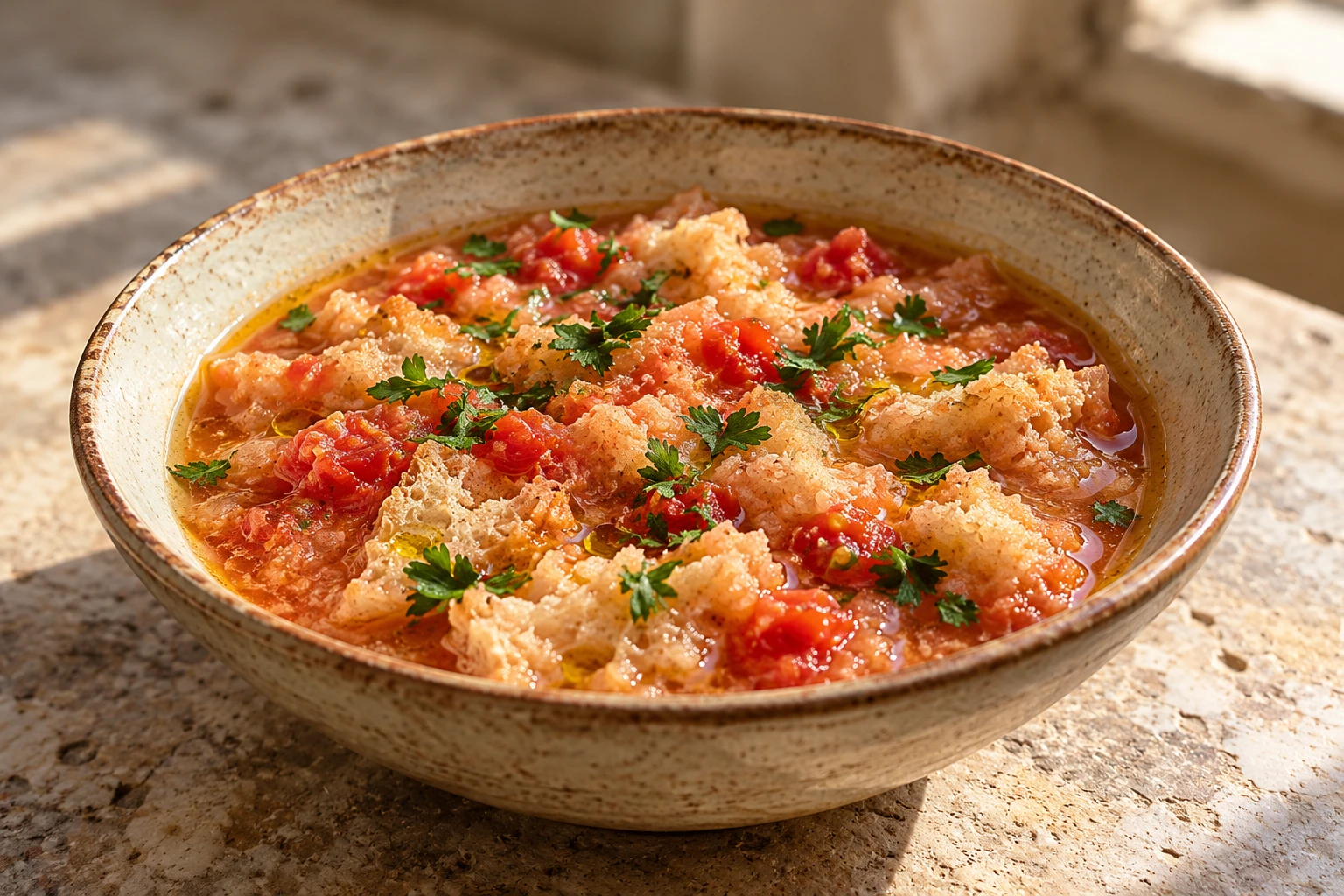 Bread and tomato broth with parsley in a ceramic bowl