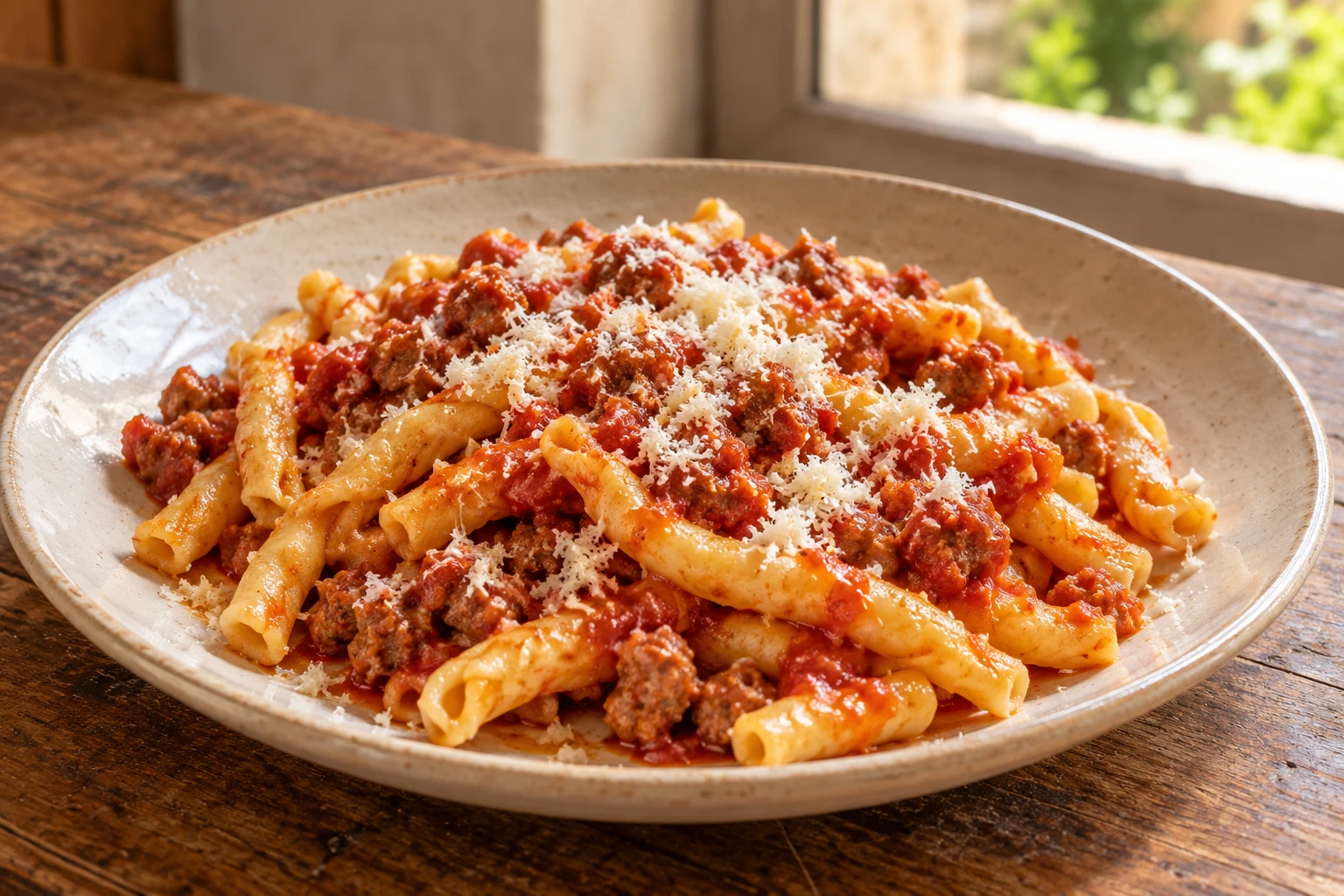 Handmade ferricelli with sausage tomato sauce and a finely grated topping