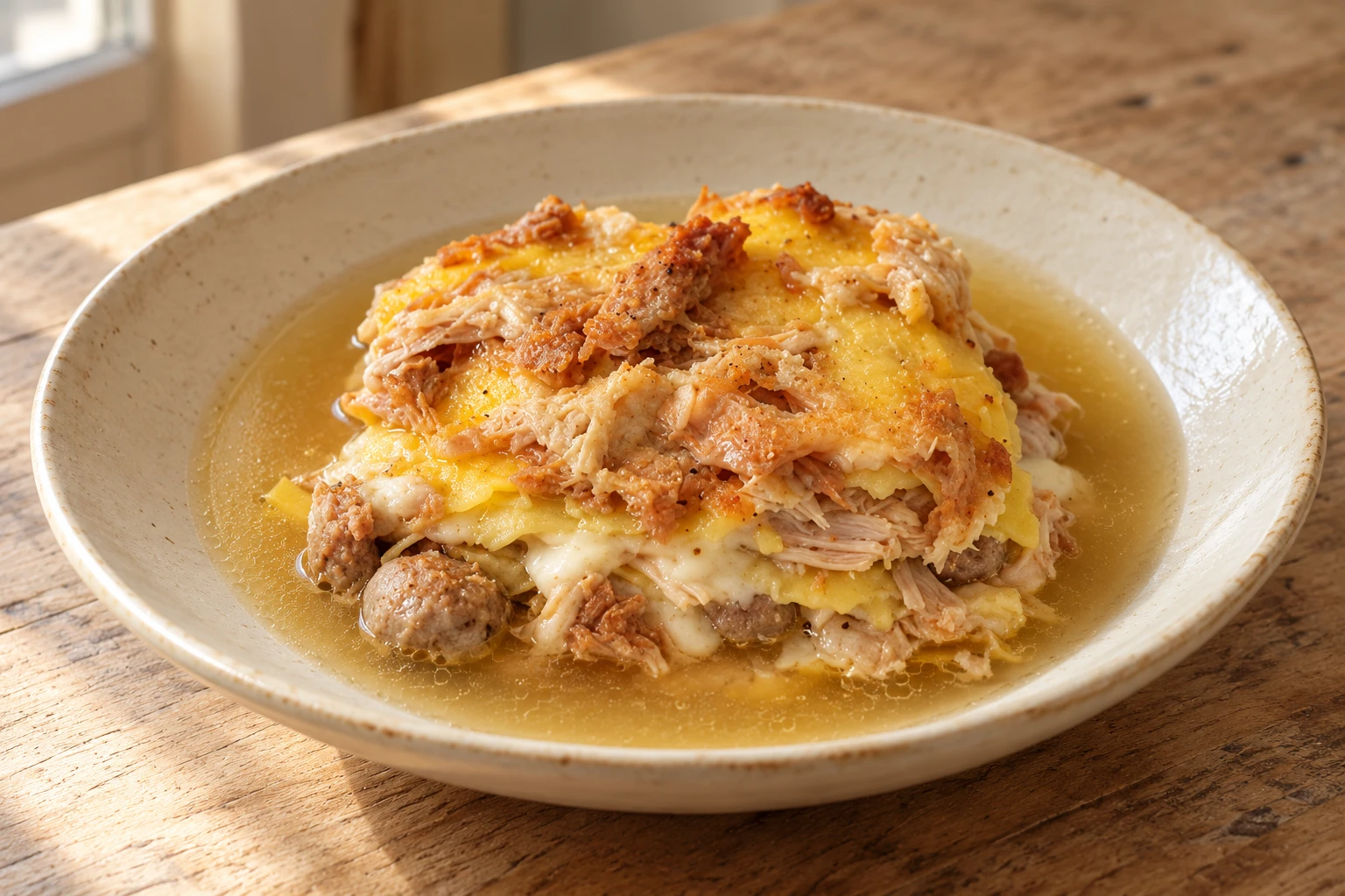 Pale layered lasagne with shredded meat, meatballs and golden broth