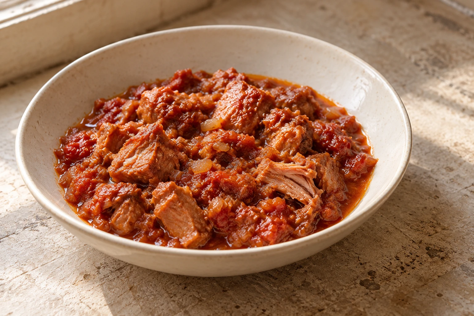 Neapolitan ragù with boneless cooked meat in a shallow bowl