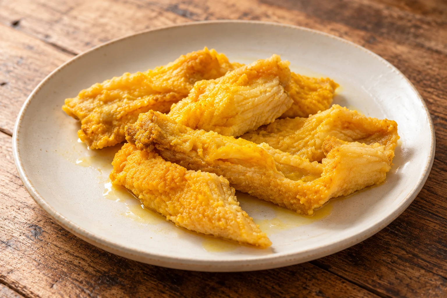 Scapece fish portions in saffron-yellow marinade on a plate