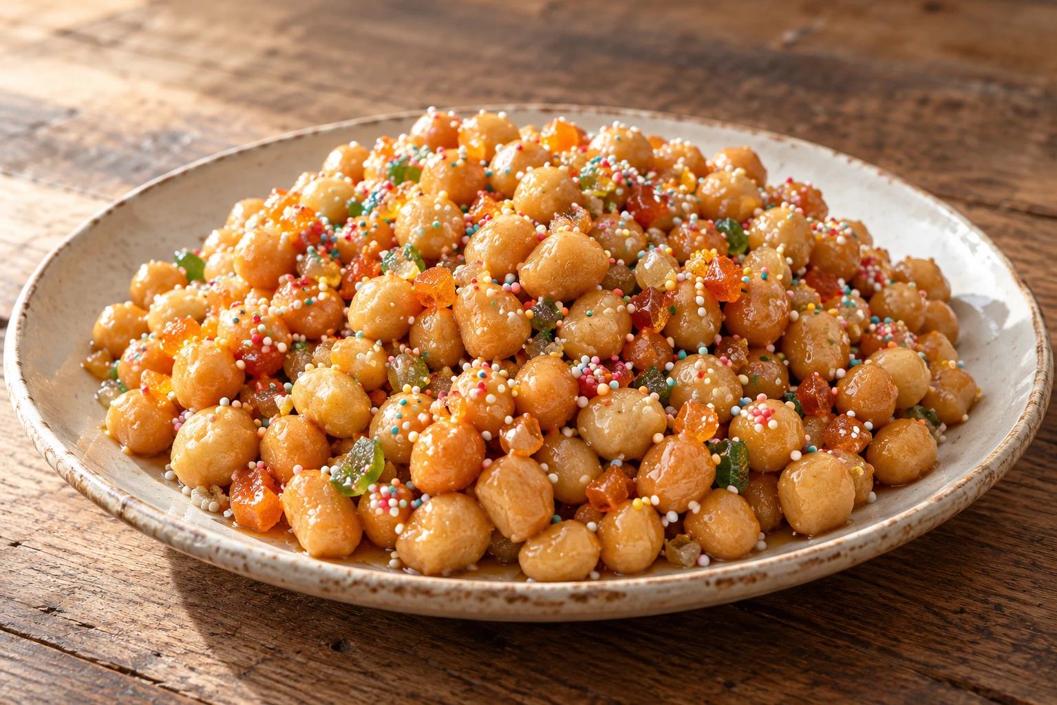 A low mound of honey-coated struffoli with candied fruit and colored sprinkles