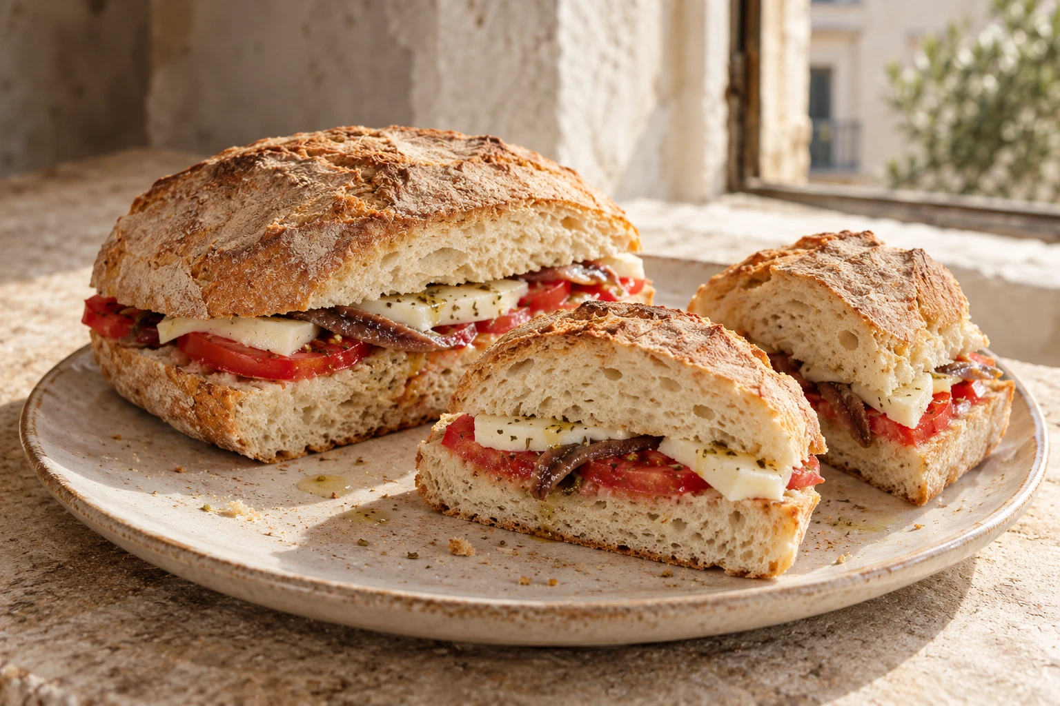 Closed rustic bread filled with tomato, cheese and anchovies.