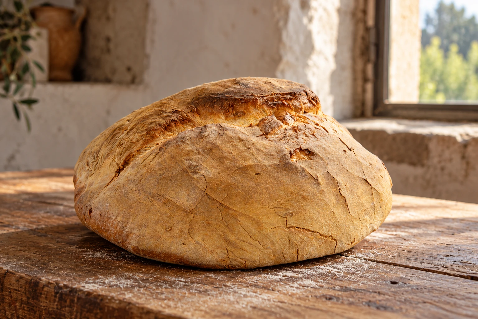 A rustic loaf with an uneven raised shoulder and floury crust.