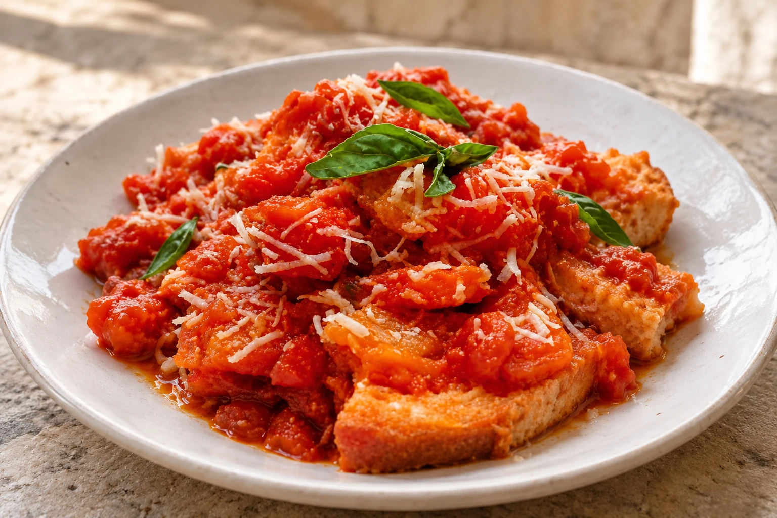 Bread dressed with tomato, grated cheese and basil.
