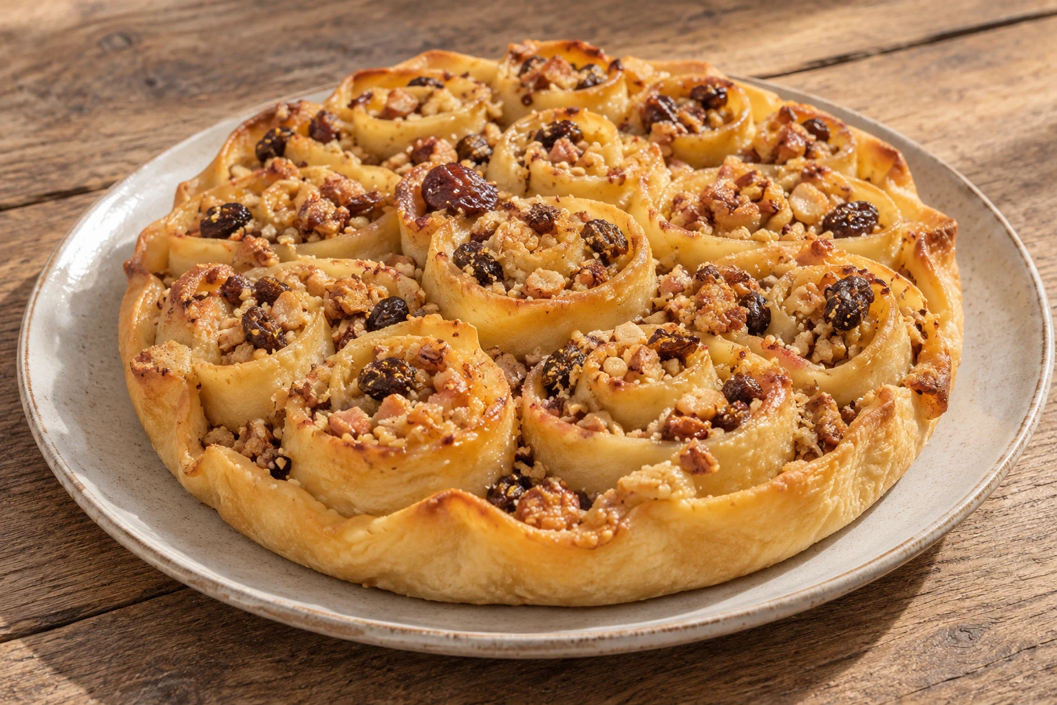 Open pastry roses filled with nuts and raisins.