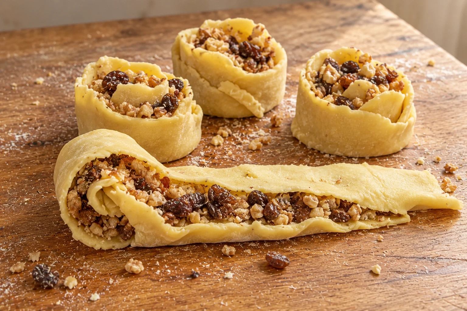 A partly coiled strip and open raw pastry roses with nuts and raisins.
