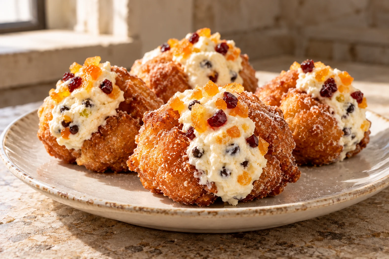 Golden sfinci with ricotta cream, chocolate and chopped candied fruit.