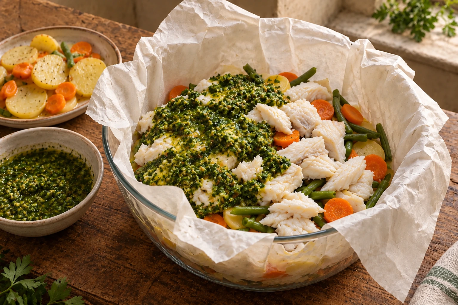 Falde di pesce cotto, verdure e salsa verde a strati in una ciotola rivestita di carta forno.