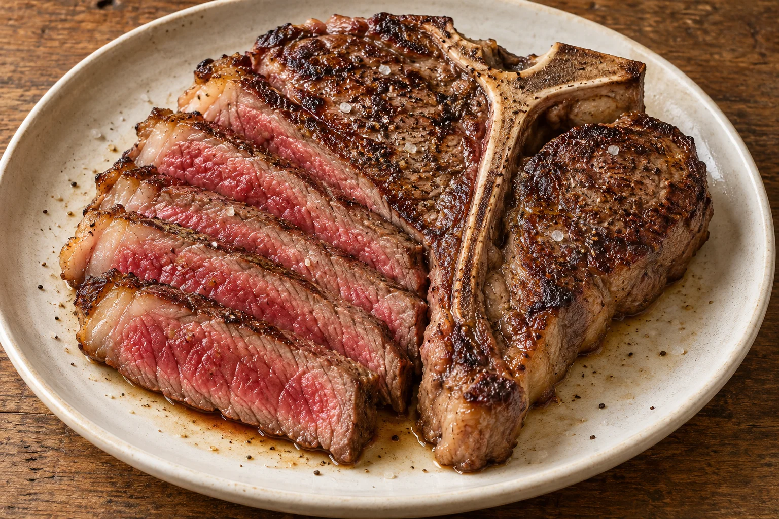 Grilled T-bone steak with sliced beef beside the bone