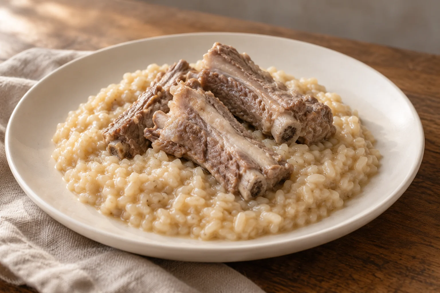 Arborio risotto topped with tender boiled pork ribs.