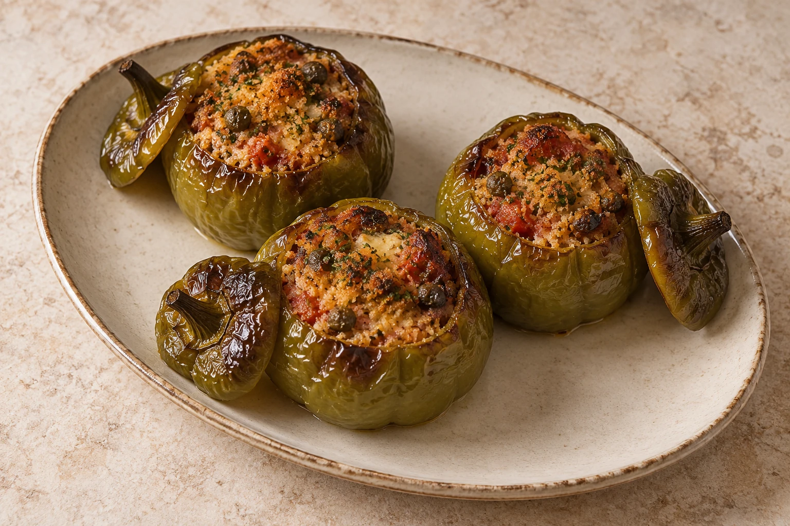 Three baked green stuffed peppers with their lids beside them.