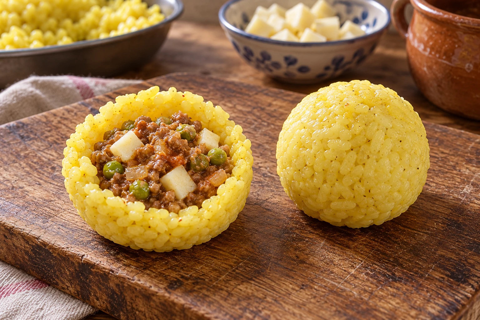 Un guscio di riso giallo farcito con ragù, piselli e formaggio accanto a un’arancina chiusa e non ancora impanata.