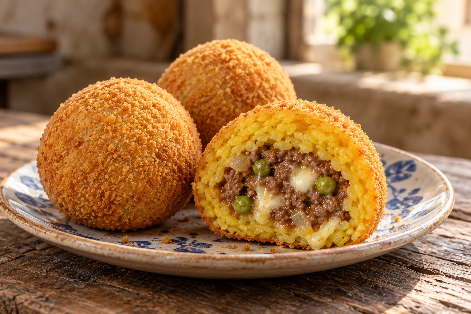 Round golden arancine, one opened to show yellow rice, ragù, peas and cheese.