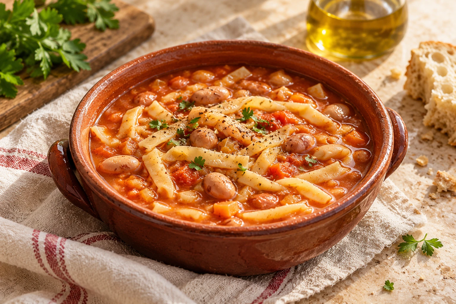 Short flat pasta and cooked beans in tomato broth in an earthenware bowl.