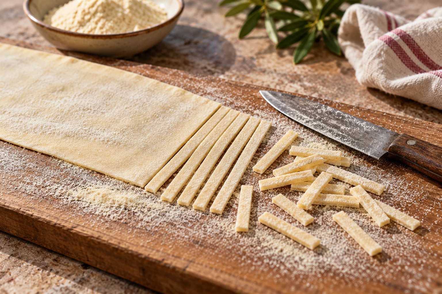 A thin pasta sheet, narrow strips and short cut pieces beside a resting knife.