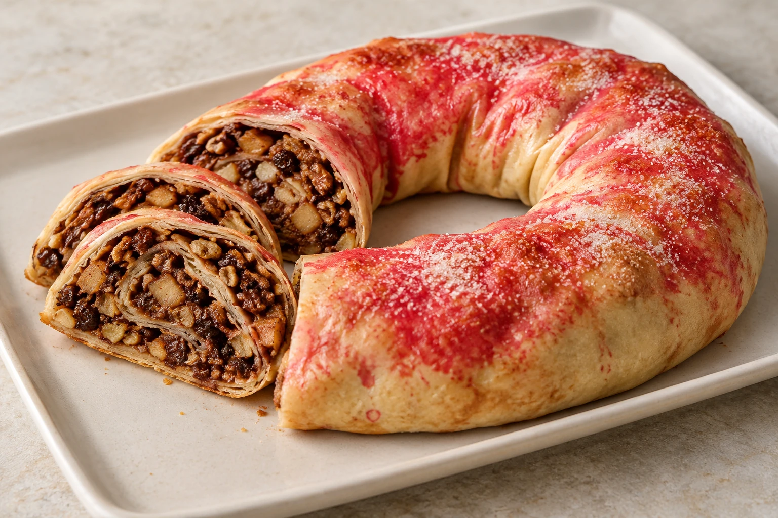 Rocciata with two slices showing apple, raisins and nuts beneath thin pastry.