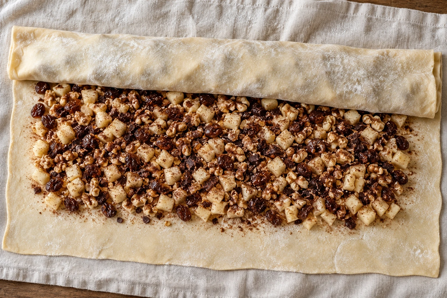 Raw thin dough with diced apple, raisins, nuts and cocoa, with one edge folded over.