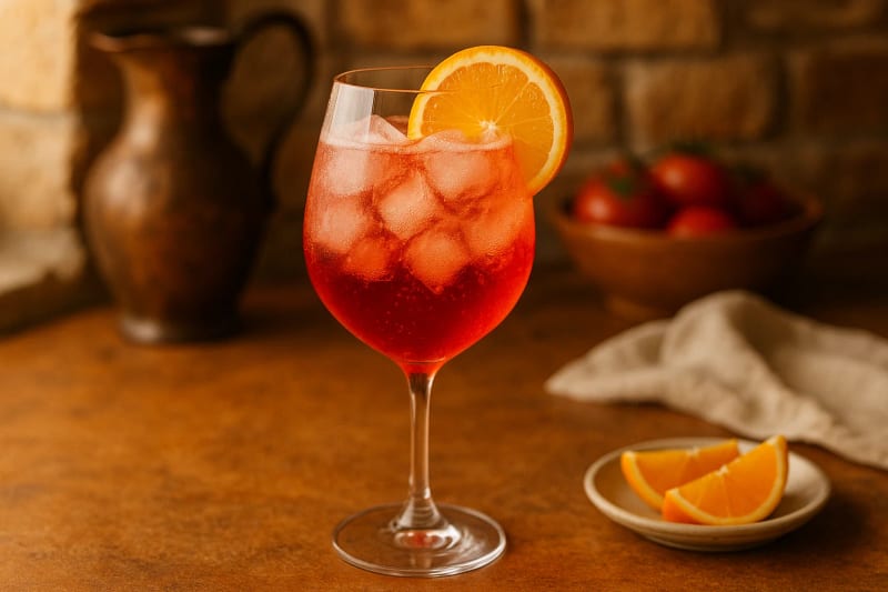 A Campari Spritz glowing crimson in a stemmed glass packed with ice, an orange wheel on the rim and fine bubbles rising through the Prosecco.