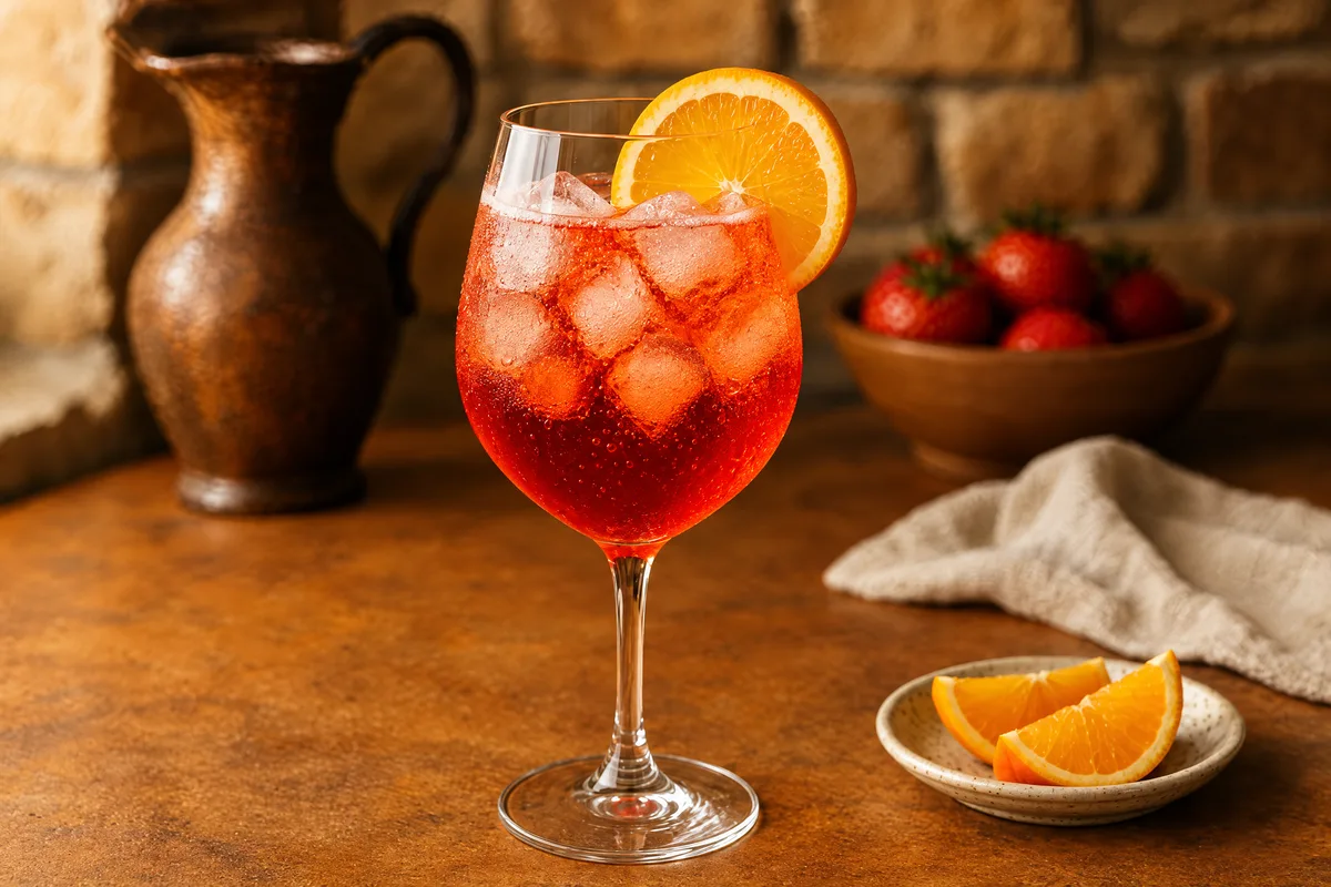 A Campari Spritz glowing crimson in a stemmed glass packed with ice, an orange wheel on the rim and fine bubbles rising through the Prosecco.
