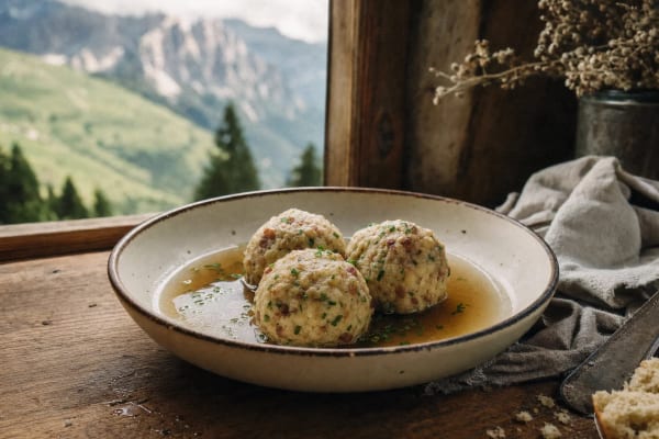 Three canederli flecked with speck in a shallow bowl of clear broth with chives, a window opening onto Dolomite peaks behind.