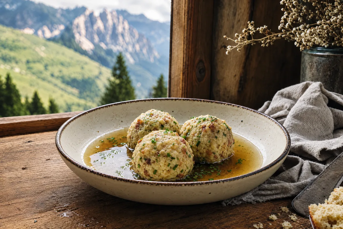 Three canederli flecked with speck in a shallow bowl of clear broth with chives, a window opening onto Dolomite peaks behind.