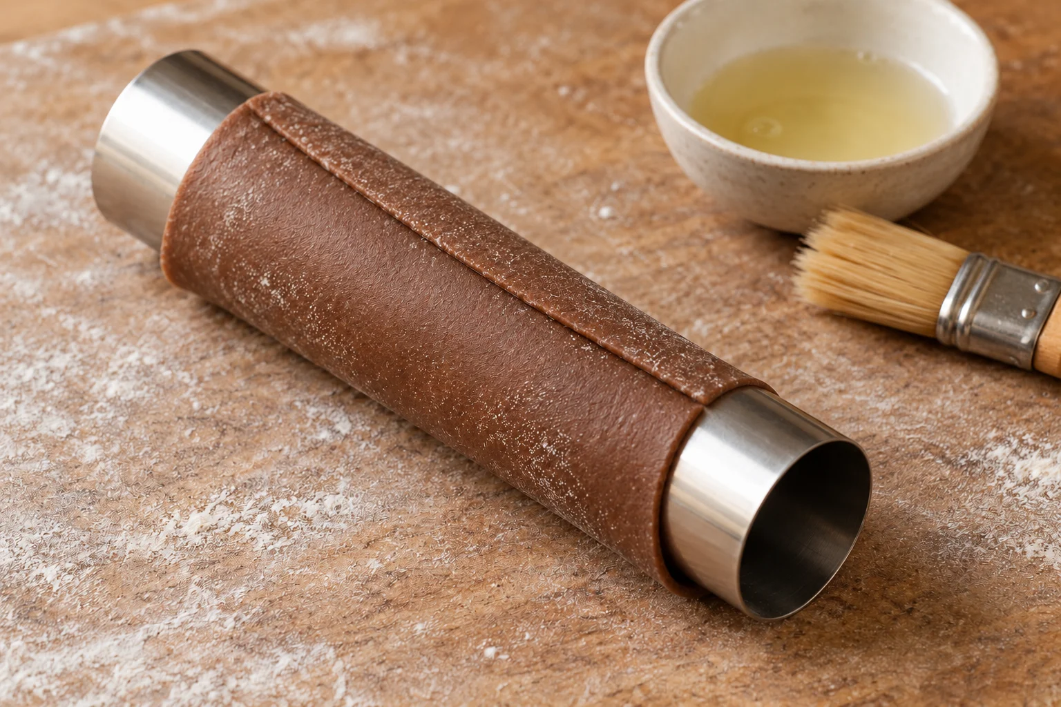 Thin cocoa cannoli dough wrapped around an open metal tube with a narrow sealed overlap