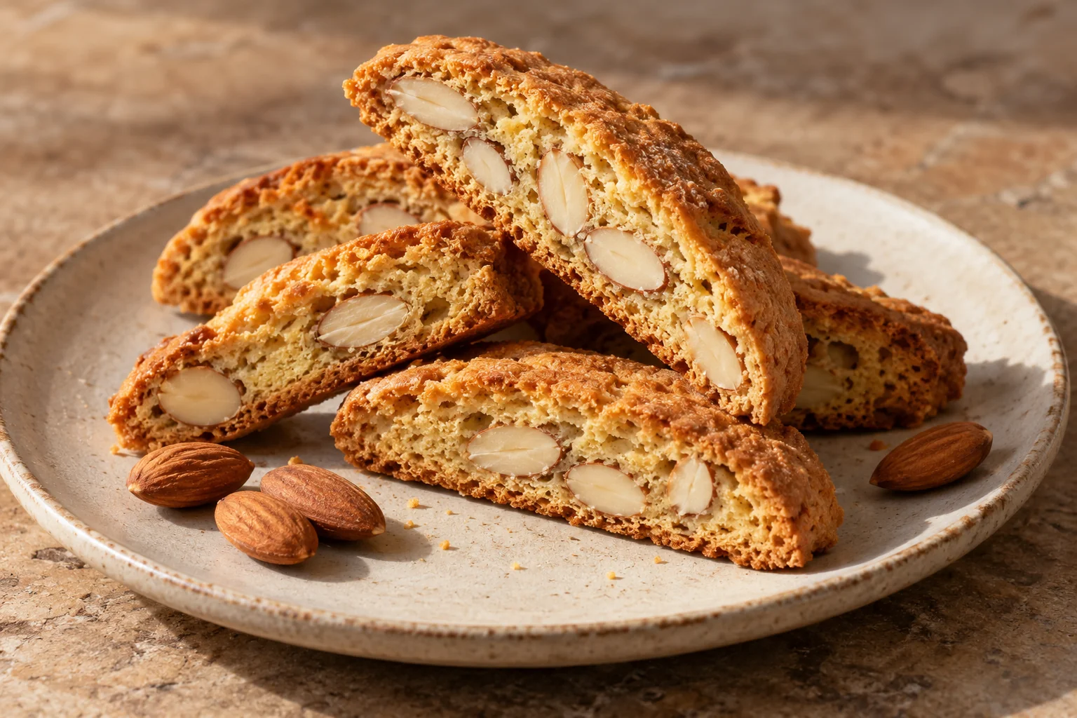 Golden almond cantucci, sliced to show whole almonds.
