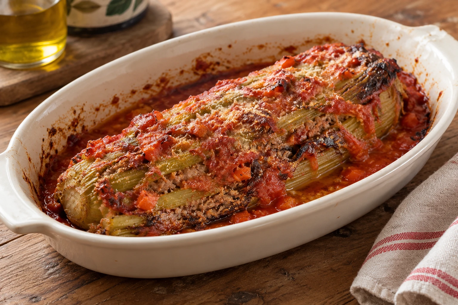 Stuffed Trevi celery baked with tomato and grated cheese