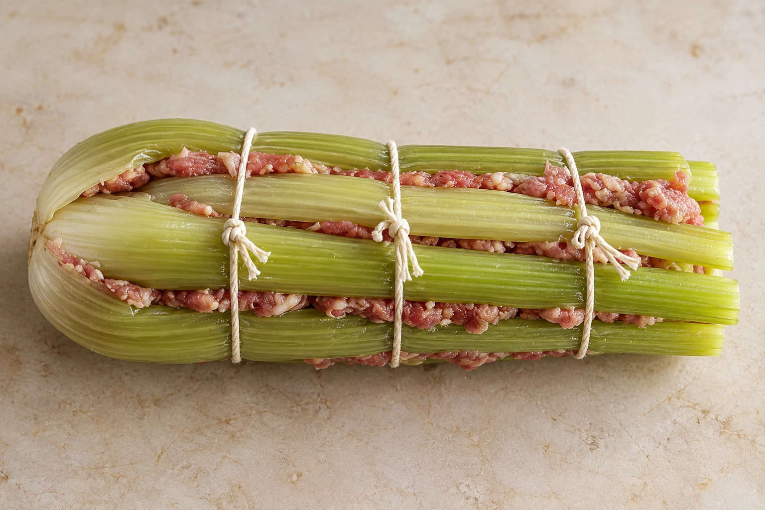 Sedano lessato, farcito fra le coste e legato con spago da cucina prima dell’infarinatura e della frittura.