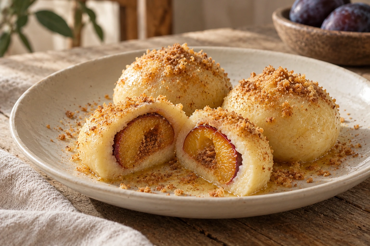 Plum-filled potato gnocchi with butter and toasted crumbs, with one cut open.