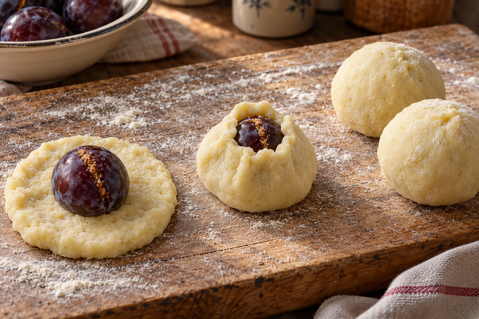 Whole plums on potato-dough discs beside a partly closed wrapper and two sealed dumplings.