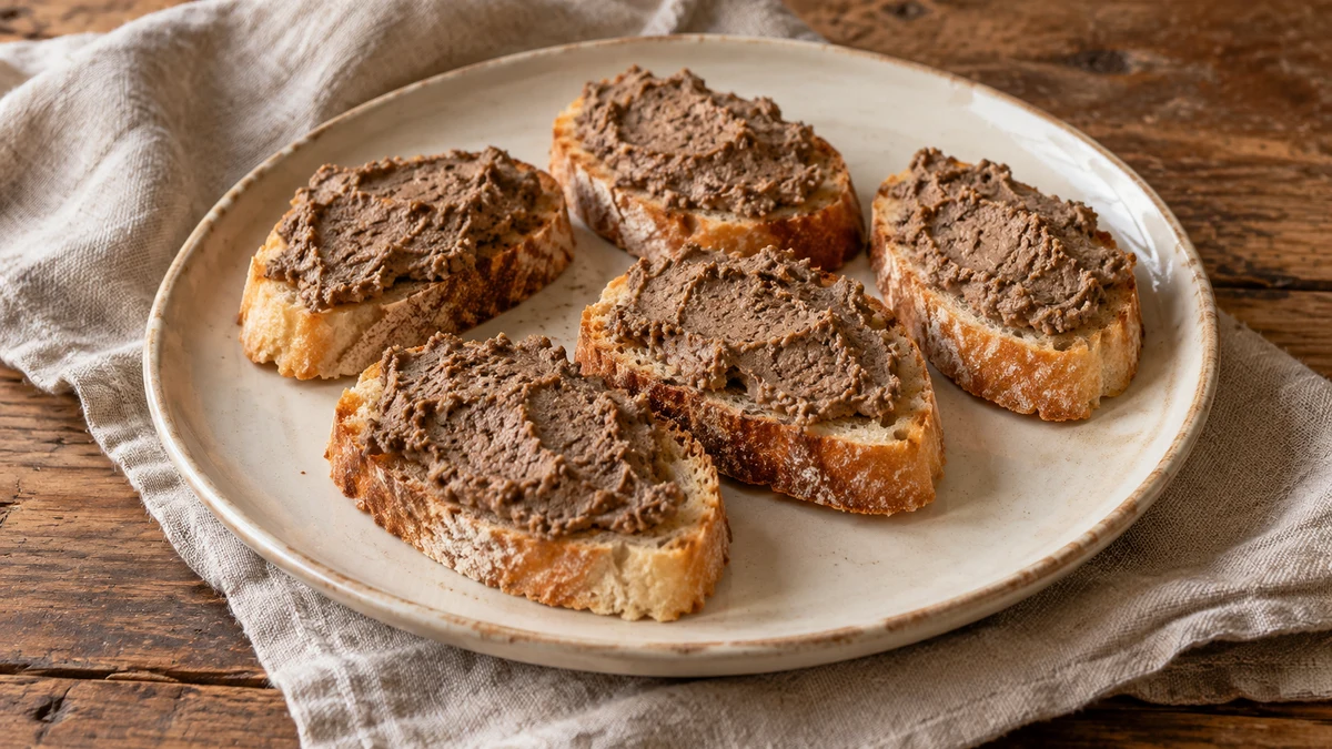 Five slices of country bread spread with brown chicken-liver pâté on an ivory ceramic plate.