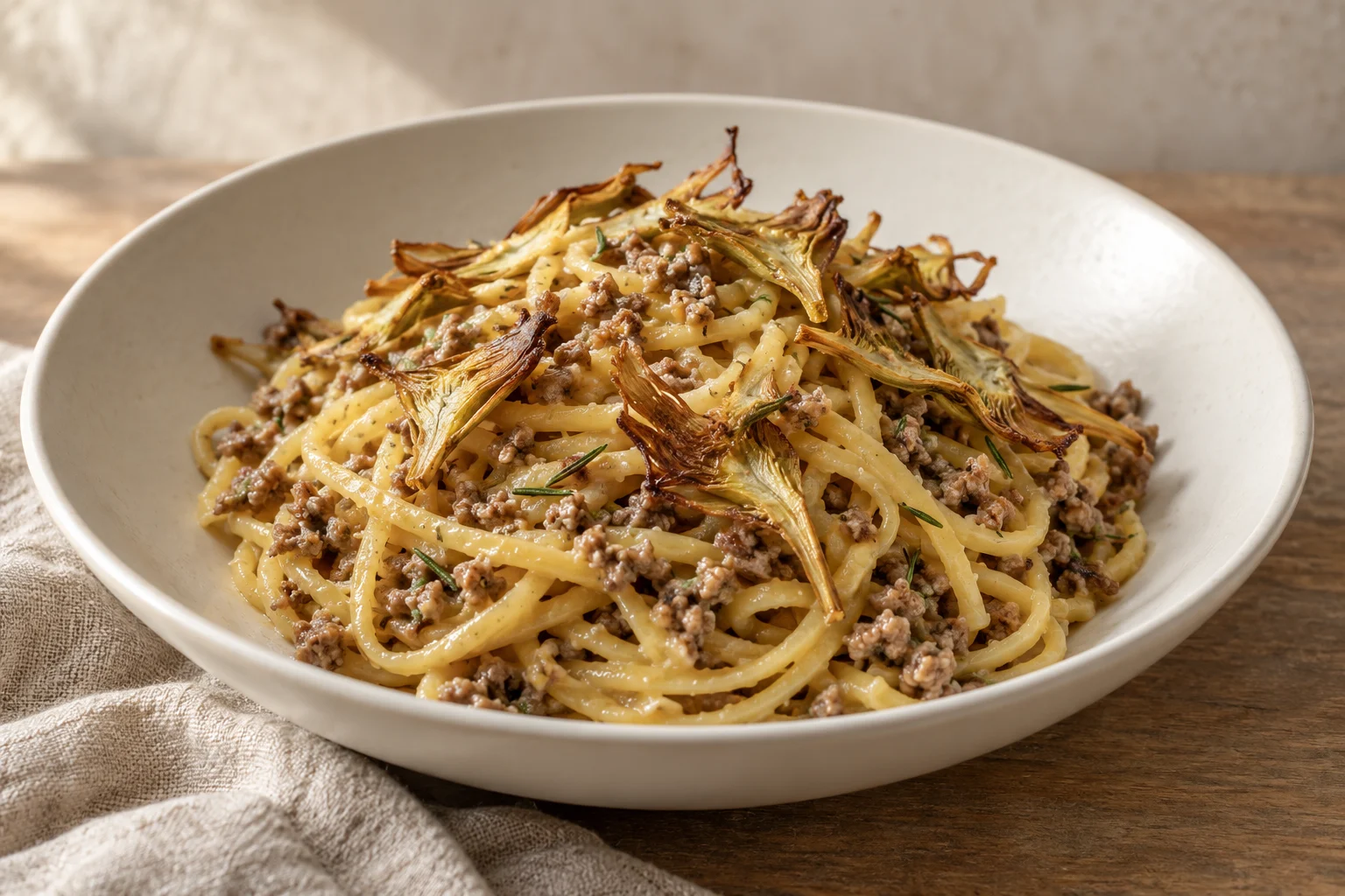 Egg chitarra with minced lamb ragù and crisp fried artichoke in a shallow bowl.