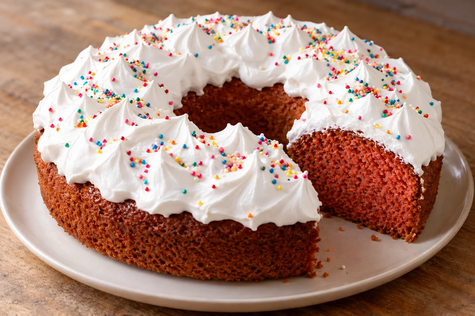 Ciaramicola ring cake with red crumb, meringue, and sprinkles.