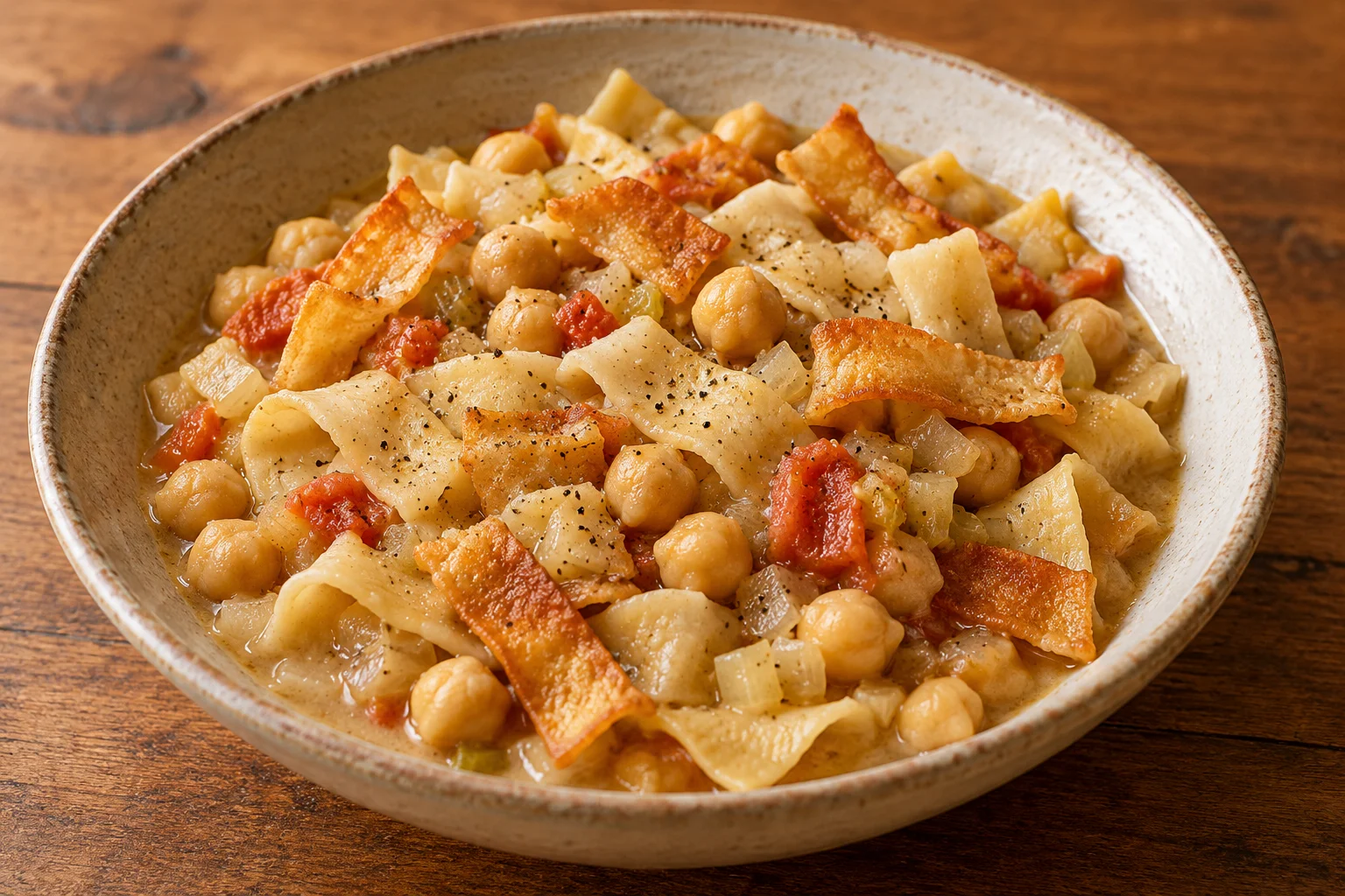 Ciceri e tria with chickpeas, soft fresh pasta and golden fried ribbons