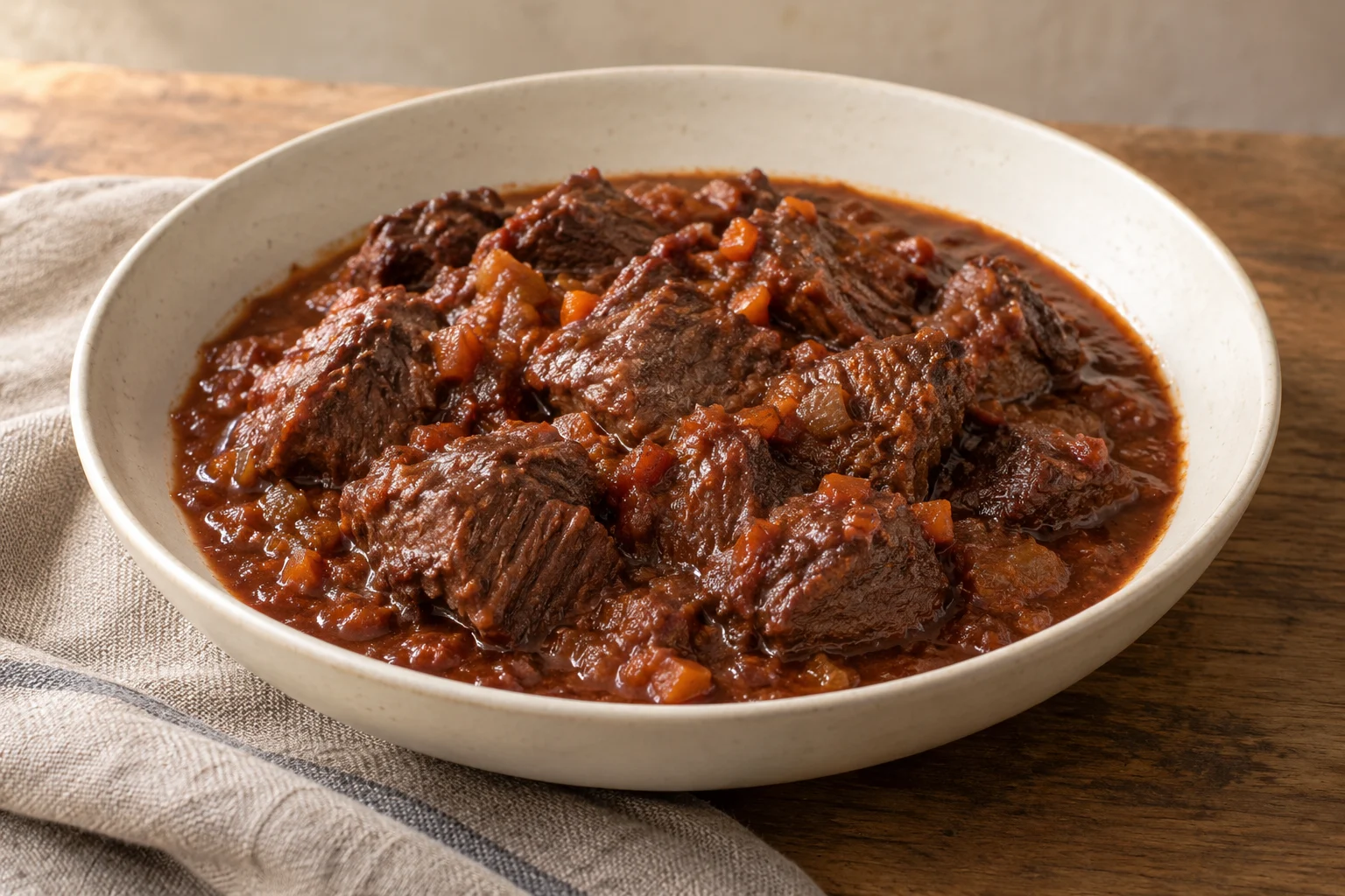Tender cubes of wild boar in a red-wine and tomato-paste sauce.