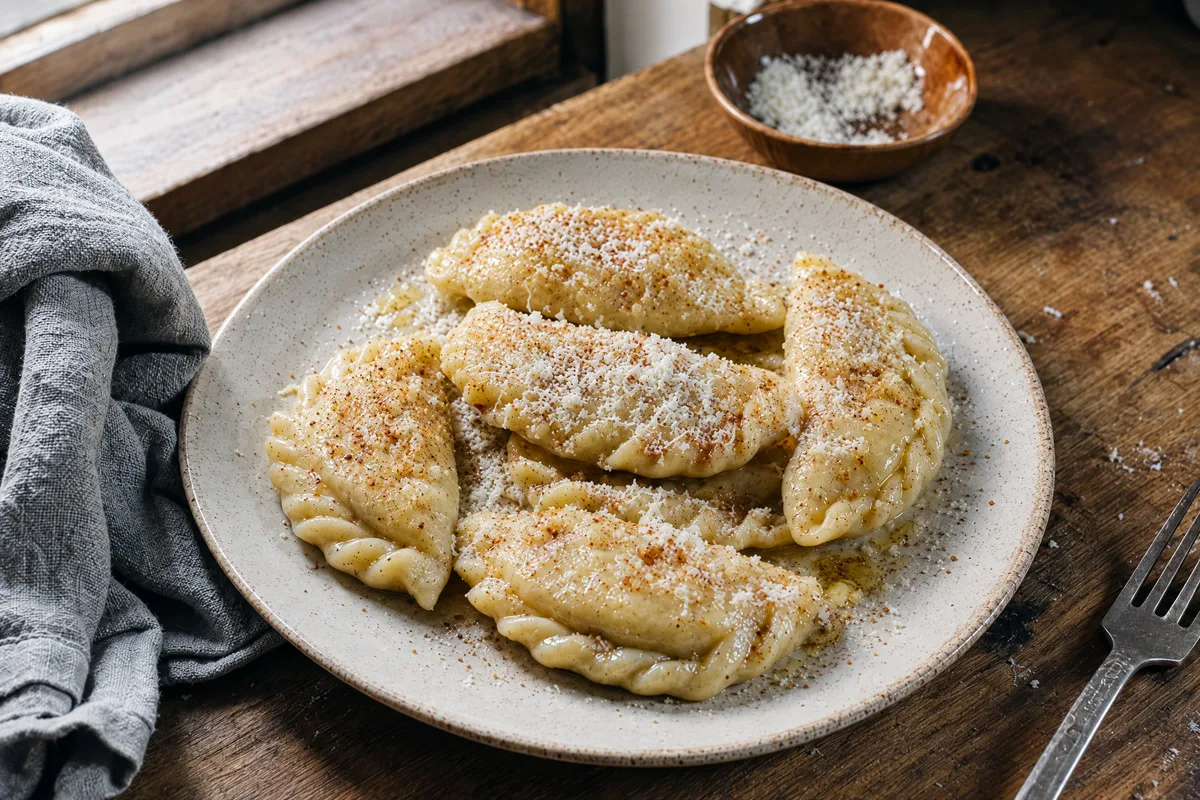 Cjarsons on a pale plate, crimped half-moon dumplings glossy with butter under grated smoked ricotta and a dusting of cinnamon.