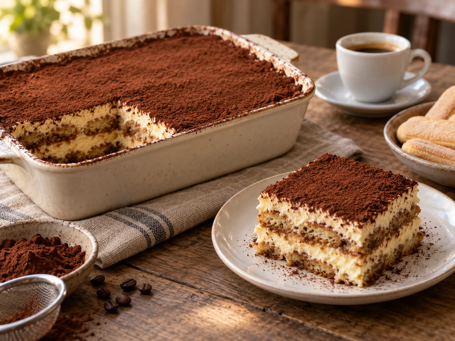 A square dish of tiramisù with cocoa-dusted mascarpone cream layered between coffee-soaked savoiardi, with one neat slice served beside it.