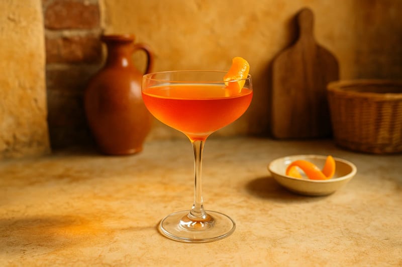 A Contessa served up in a coupe, its sunset orange mix of gin, Aperol and dry vermouth crowned with a curl of orange peel.