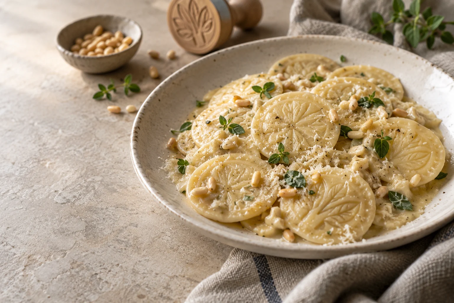 Stamped corzetti discs with a pale pine-nut and marjoram cream on an ivory plate.