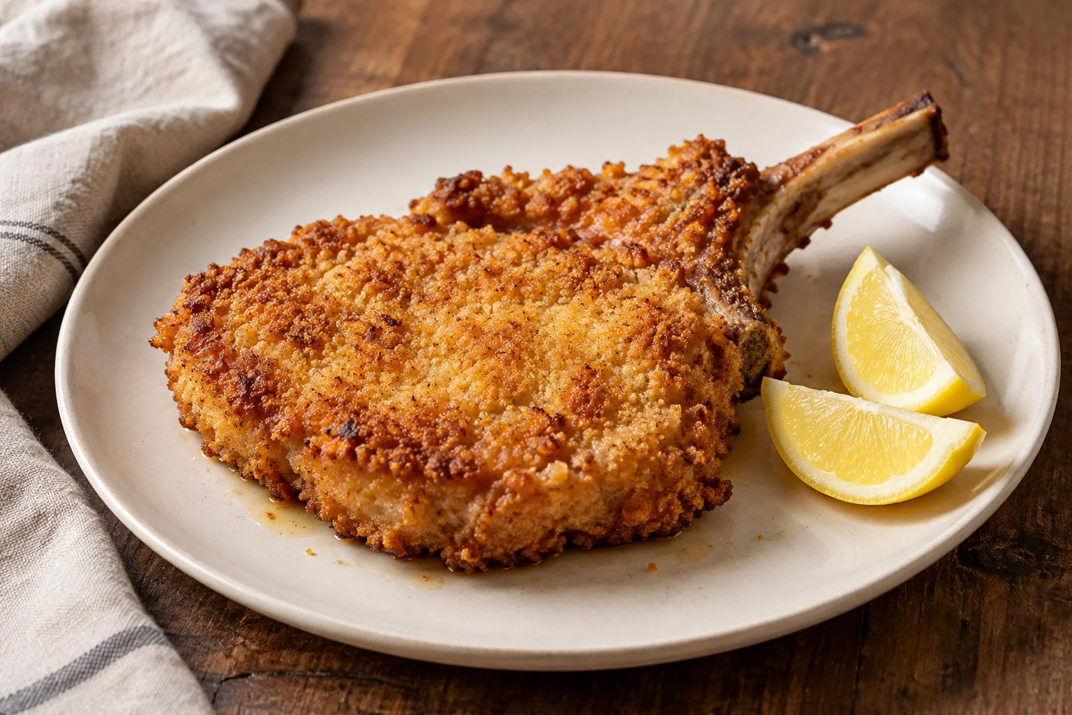 A thick bone-in veal cotoletta with golden coarse breadcrumbs and lemon wedges