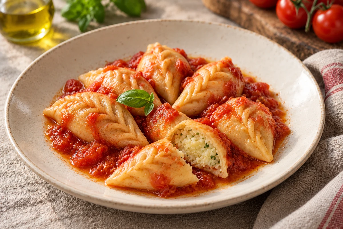 Culurgiones filled with potato, mint and Sardinian pecorino, served with tomato sauce